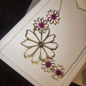 NEW Gold Floral Statement Necklace with Pink Rose Accents